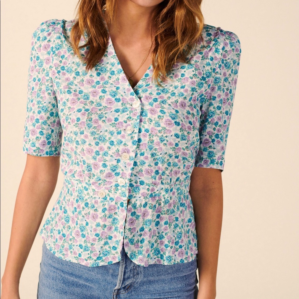 Rouje Floral Button-Front Blouse in Light Blue and Lavender